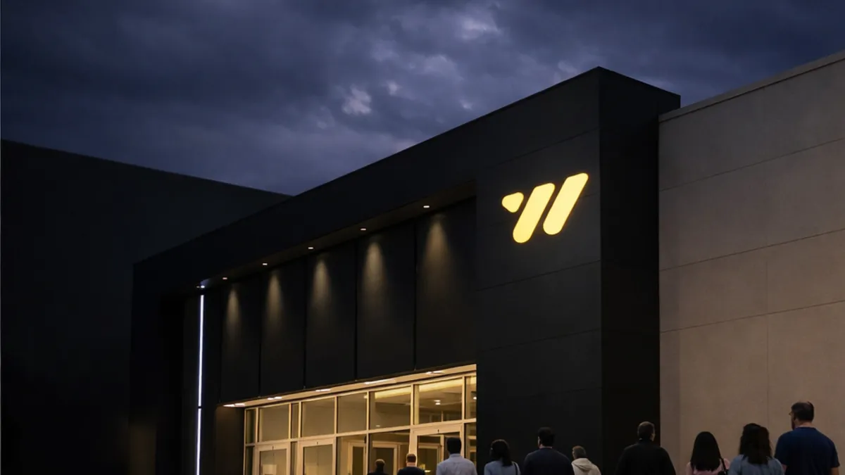 A modern theatre building at dusk with the glowing yellow Weston W mark