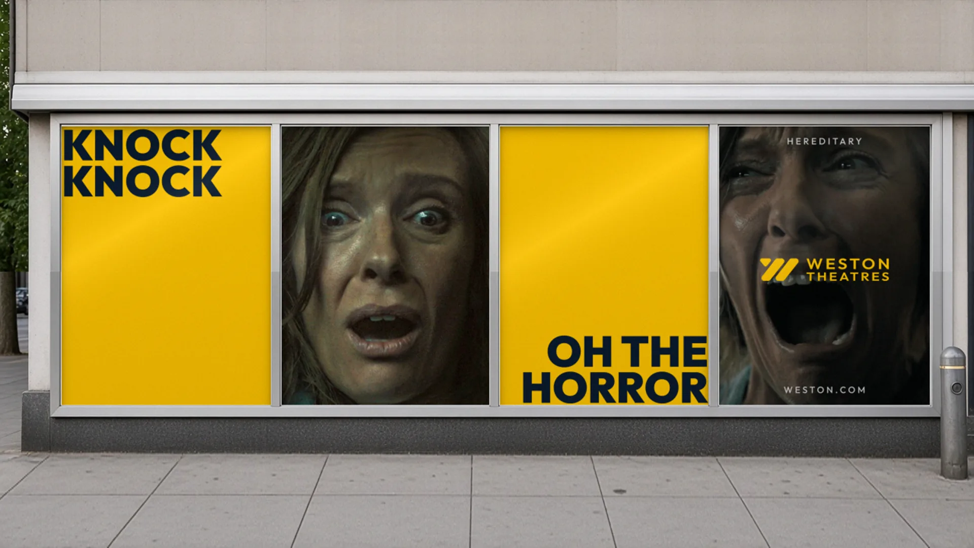 A theatre storefront window with Weston film posters